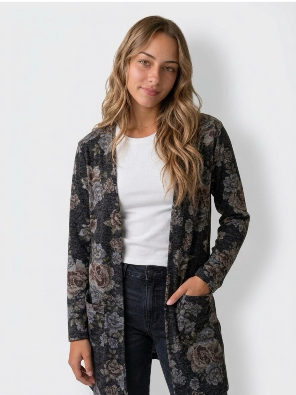 Absolutely Famous Dark Floral Longline Cardigan Size L Open Front